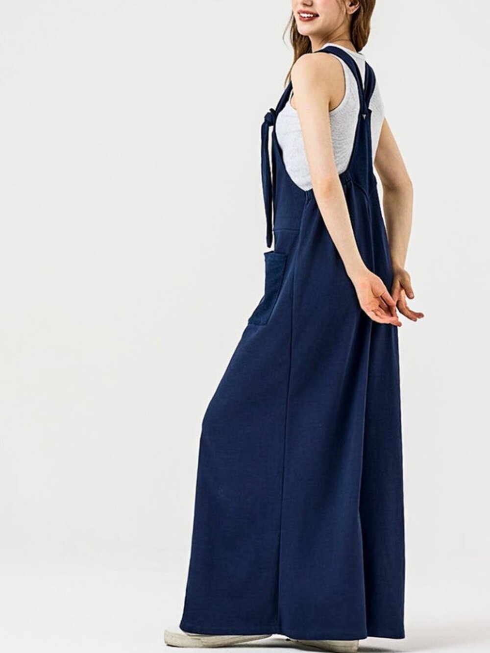 B70 French Terry Adjustable Straps Overall Jumpsuit Wide Leg Boho NEW Blue